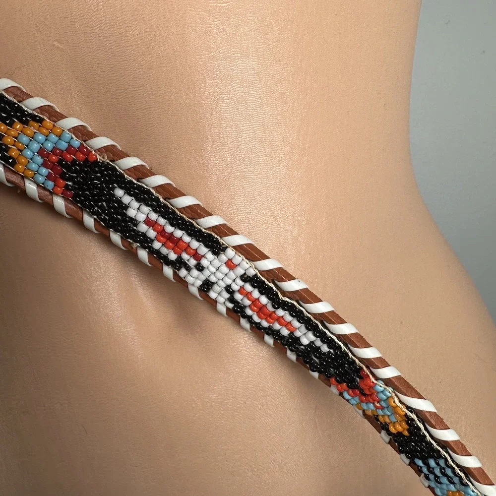 Womans Indian Hand Beaded Leather Belt Adjustable Bird Colorful